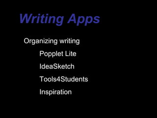Writing Apps
Organizing writing
     Popplet Lite
     IdeaSketch
     Tools4Students
     Inspiration
 