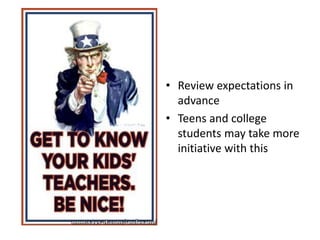• Review expectations in 
advance 
• Teens and college 
students may take more 
initiative with this 
 