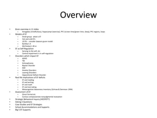 Overview 
• Brain overview in 11 slides 
– Amygdala (mindfulness), hippocampi (exercise), PFC (screen time/green time, sleep), PFC regions, loops 
• Models of EF 
– Small group: what is EF 
– Hot and cold EFs 
– 10 Efs - consider dawson guare model 
– Barkley’s 4 
– McCloskey’s 30-st 
• EF as Self-Regulation 
– Sensing to the self, etc 
– Central impairment is in self-regulation 
• Disorders which impact EF 
– ADHD 
– TBI 
– Schizophrenia 
– Bipolar Disorder 
– ASD 
– Anxiety Disorders 
– Leaning Disorders 
– Oppositional Defiant Disorder 
• Real life implications of EF deficits 
– EF and reading 
– EF and writing 
– EF and math 
– EF and test-taking 
– Metacognitive Awareness Inventory (Schraw & Dennison 1994) 
• Assessment of EF 
– Direct formal etc 
– Curious compassionate nonjudgmental evaluation 
• Strategic Behavioral Inquiry (HEDYDT?) 
• Asking 2 Questions 
• Case Studies and EF Strategies 
• School Accommodations and Supports 
• Big 5 EF Supports 
 