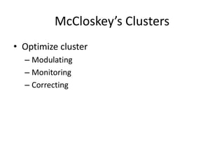 McCloskey’s Clusters 
• Optimize cluster 
– Modulating 
– Monitoring 
– Correcting 
 