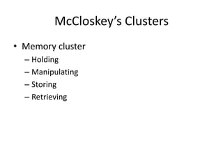 McCloskey’s Clusters 
• Memory cluster 
– Holding 
– Manipulating 
– Storing 
– Retrieving 
 