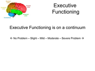 Executive  Functioning Executive Functioning is on a continuum    No Problem – Slight – Mild – Moderate – Severe Problem   