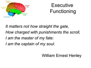 Executive  Functioning It matters not how straight the gate,    How charged with punishments the scroll,  I am the master of my fate: I am the captain of my soul. William Ernest Henley  