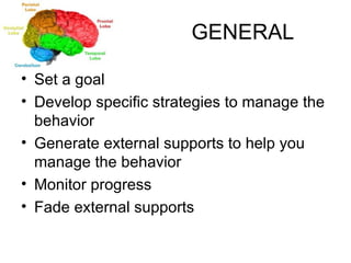 GENERAL Set a goal Develop specific strategies to manage the behavior Generate external supports to help you manage the behavior Monitor progress Fade external supports 