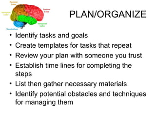 PLAN/ORGANIZE Identify tasks and goals Create templates for tasks that repeat Review your plan with someone you trust  Establish time lines for completing the steps List then gather necessary materials Identify potential obstacles and techniques for managing them 