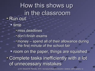 How this shows up  in the classroom Run out time miss deadlines don’t finish exams money – spend all of their allowance during the first minute of the school fair room on the paper, things are squished Complete tasks inefficiently with a lot of unnecessary mistakes (c) Dr. Edward M. Petrosky, 2010, neuropsychological evaluation, dyslexia, adhd, queens, ny 