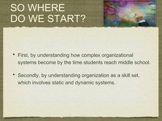 SO WHERE
DO WE START?
• First, by understanding how complex organizational
systems become by the time students reach middle school.
• Secondly, by understanding organization as a skill set,
which involves static and dynamic systems.
 