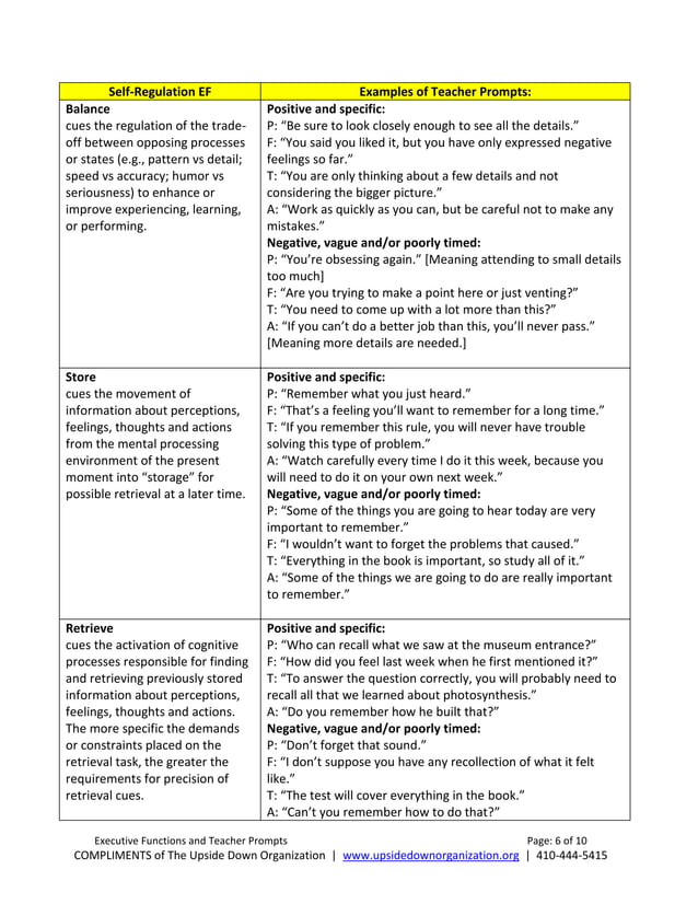 SelfRegulation Executive Function Definitions with Examples of Teacher