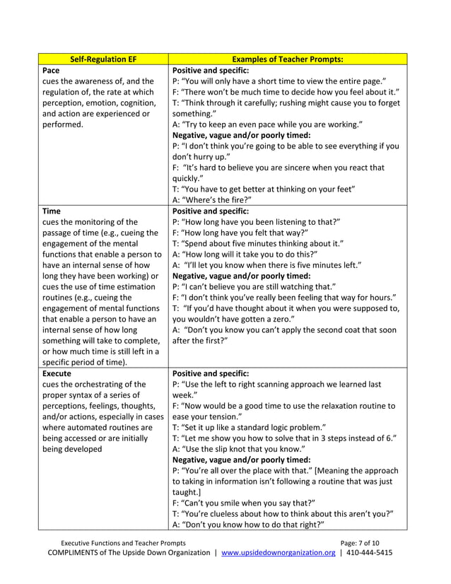 SelfRegulation Executive Function Definitions with Examples of Teacher