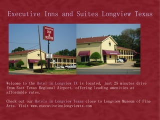 Welcome to the  Hotel in Longview TX  is located, just 25 minutes drive from East Texas Regional Airport, offering leading amenities at affordable rates.  Check out our  Hotels in Longview Texas  close to Longview Museum of Fine Arts. Visit www.executiveinnlongviewtx.com Executive Inns and Suites Longview Texas 