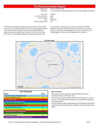 Sources: US Census Bureau, Synergos Technologies Inc., Experian, DecisionInsite/MissionInsite Page 1
The ExecutiveInsite Report
Prepared for: Florida Conference UMC
Study area: 1.5 mi Around 3657 Rifle Range Rd, Winter Haven, Florida 33880, United States
Base State: FLORIDA
Current Year Estimate: 2018
5 Year Projection: 2023
Date: 8/19/2018
Semi-Annual Projection: Fall
This ExecutiveInsite Report has been prepared for Florida Conference UMC.
Its purpose is to “tell the demographic story” of the defined geographic study
area. ExecutiveInsite integrates narrative analysis with data tables and
graphs. Playing on the report name, it includes 12 “Insites” into the study
area’s story. It includes both demographic and beliefs and practices data.
ExecutiveInsite is intended to give an overview analysis of the defined
geographic study area. A defined study area can be a region, a zip code, a
county or some custom defined geographic area such as a radius or a user
defined polygon. The area of study is displayed in the map below.
THE STUDY AREA
THE 12 INSITES More Information
INSITE PAGE Please refer to the last page of the report for additional notes and
interpretation aides in reading the report.Insite #1: Population, Household Trends 2
Insite #2: Racial/Ethnic Trends 3 Not all of the demographic variables available in the MI System are found in
this report. The FullInsite Report will give a more comprehensive view of an
area's demographics.
Also, the Impressions Report adds additional social, behavioral views and the
Quad Report provides a detailed view of religious preferences, practices and
beliefs.
Insite #3: Age Trends 4
Insite #4: School Aged Children Trends 6
Insite #5: Household Income Trends 7
Insite #6: Households and Children Trends 9
Insite #7: Marital Status Trends 10
Insite #8: Adult Educational Attainment 11
Insite #9: Employment and Occupations 12
Insite #10: Mosaic Household Types 13
Insite #11: Generations 14
Insite #12: Religious Program Or Ministry Preferences 15
 