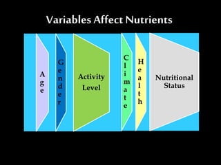 Variables Affect Nutrients
A
g
e
G
e
n
d
e
r
Activity
Level
C
l
i
m
a
t
e
H
e
a
l
t
h
Nutritional
Status
 