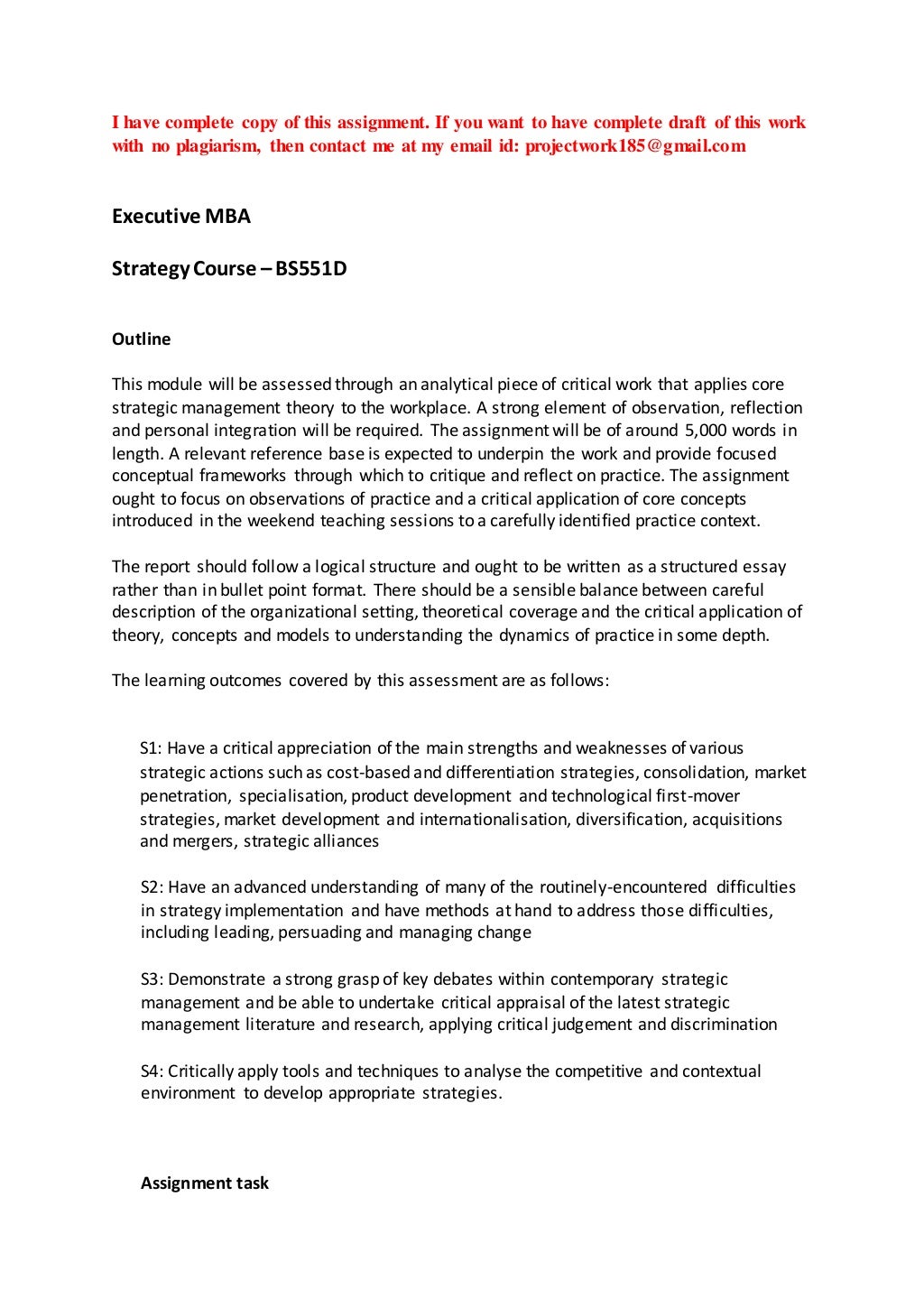 Executive mba strategy course assessment brief