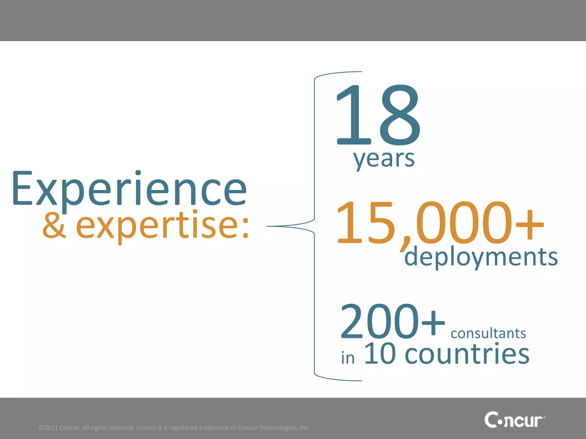 18
                                                                                                     years
Experience
 & expertise:                                                                                       15,000+
                                                                                                      deployments

                                                                                                    200+     consultants
                                                                                                     10 countries
                                                                                                    in


 ©2011 Concur, all rights reserved. Concur is a registered trademark of Concur Technologies, Inc.
 