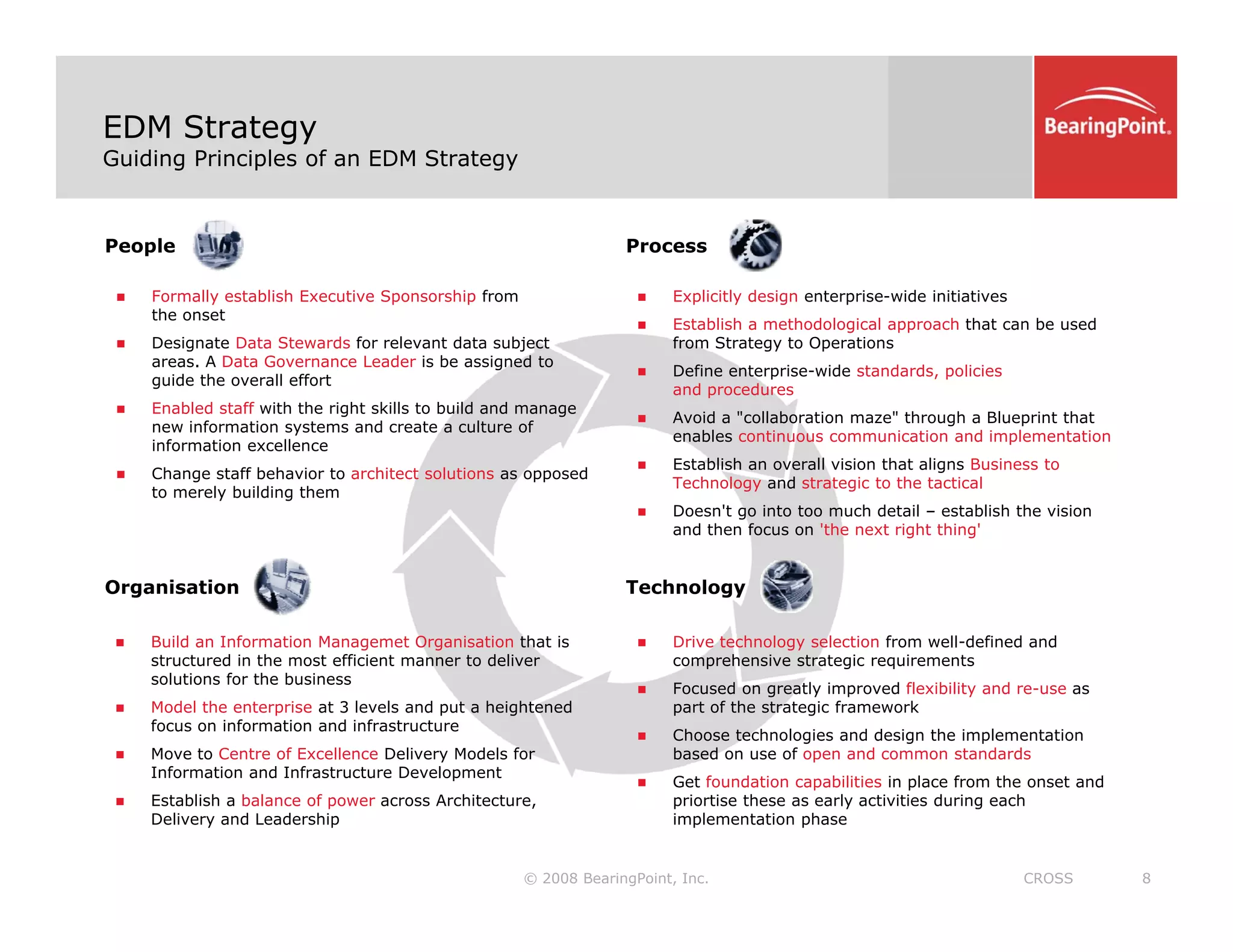 EDM Strategy
Guiding Principles of an EDM Strategy
People Process
„ Formally establish Executive Sponsorship from „ Explicitly design enterprise wide initiatives
„ Formally establish Executive Sponsorship from
the onset
„ Designate Data Stewards for relevant data subject
areas. A Data Governance Leader is be assigned to
guide the overall effort
„ Enabled staff with the right skills to build and manage
„ Explicitly design enterprise-wide initiatives
„ Establish a methodological approach that can be used
from Strategy to Operations
„ Define enterprise-wide standards, policies
and procedures
„ Avoid a "collaboration maze" through a Blueprint that
g g
new information systems and create a culture of
information excellence
„ Change staff behavior to architect solutions as opposed
to merely building them
„ Avoid a collaboration maze through a Blueprint that
enables continuous communication and implementation
„ Establish an overall vision that aligns Business to
Technology and strategic to the tactical
„ Doesn't go into too much detail – establish the vision
and then focus on 'the next right thing'
Organisation Technology
g g
„ Drive technology selection from well-defined and
h i t t i i t
„ Build an Information Managemet Organisation that is
t t d i th t ffi i t t d li comprehensive strategic requirements
„ Focused on greatly improved flexibility and re-use as
part of the strategic framework
„ Choose technologies and design the implementation
based on use of open and common standards
f d b l l f h d
structured in the most efficient manner to deliver
solutions for the business
„ Model the enterprise at 3 levels and put a heightened
focus on information and infrastructure
„ Move to Centre of Excellence Delivery Models for
Information and Infrastructure Development
© 2008 BearingPoint, Inc. 8
CROSS
„ Get foundation capabilities in place from the onset and
priortise these as early activities during each
implementation phase
Information and Infrastructure Development
„ Establish a balance of power across Architecture,
Delivery and Leadership
 