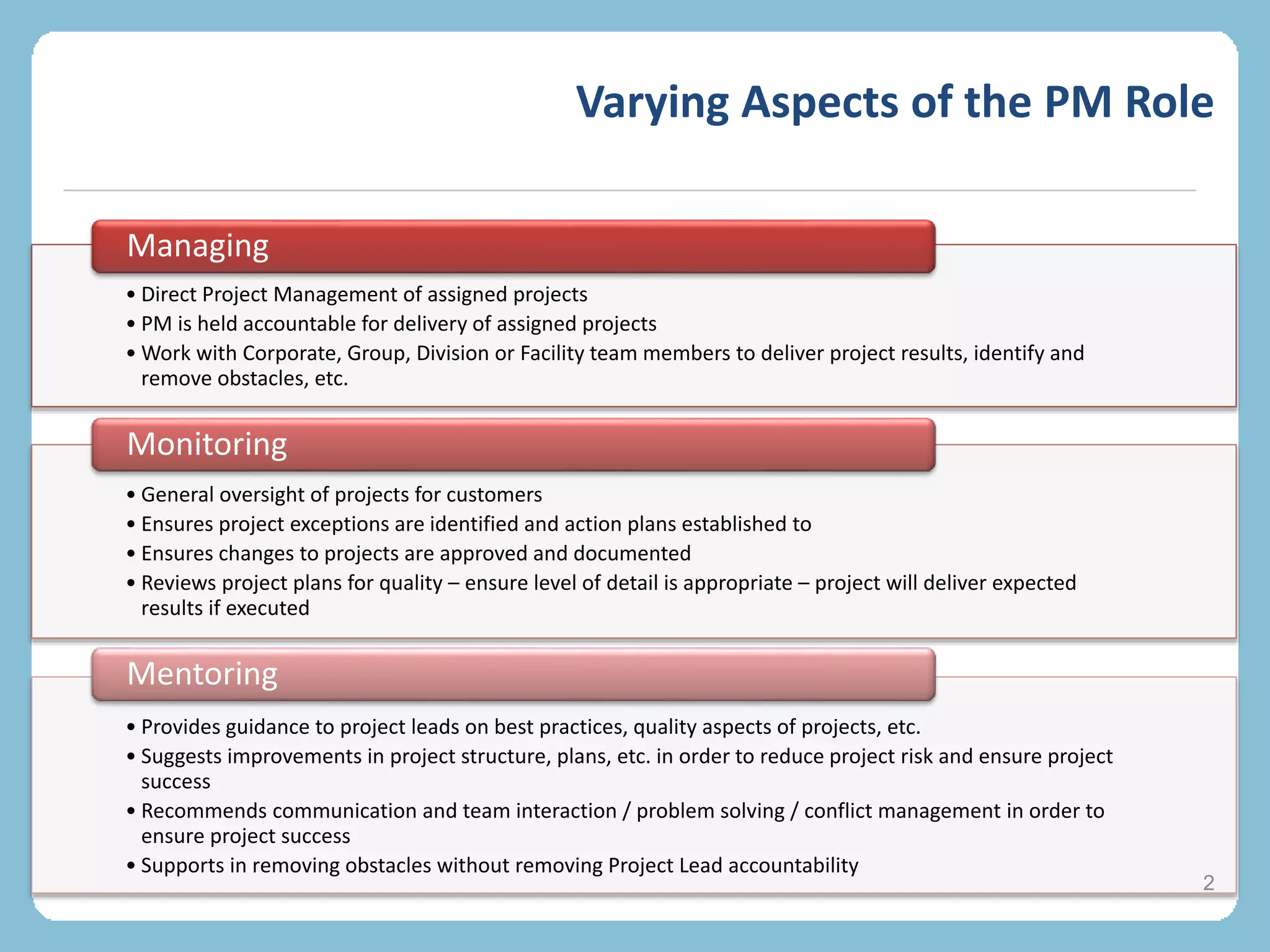 Varying Aspects of the PM Role
• Direct Project Management of assigned projects
• PM is held accountable for delivery of assigned projects
• Work with Corporate, Group, Division or Facility team members to deliver project results, identify and
remove obstacles, etc.
Managing
• General oversight of projects for customers
• Ensures project exceptions are identified and action plans established to
• Ensures changes to projects are approved and documented
• Reviews project plans for quality – ensure level of detail is appropriate – project will deliver expected
results if executed
Monitoring
• Provides guidance to project leads on best practices, quality aspects of projects, etc.
• Suggests improvements in project structure, plans, etc. in order to reduce project risk and ensure project
success
• Recommends communication and team interaction / problem solving / conflict management in order to
ensure project success
• Supports in removing obstacles without removing Project Lead accountability
Mentoring
2
 