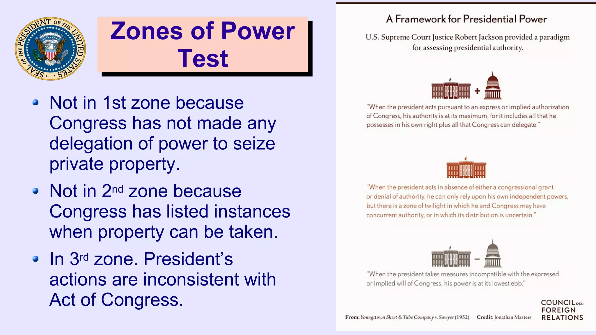 Zones of Power
Test
Zones of Power
Test
Not in 1st zone because
Congress has not made any
delegation of power to seize
private property.
Not in 2nd zone because
Congress has listed instances
when property can be taken.
In 3rd zone. President’s
actions are inconsistent with
Act of Congress.
 