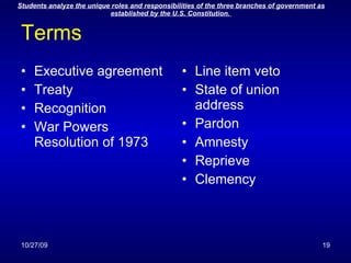 Terms Executive agreement Treaty Recognition War Powers Resolution of 1973 Line item veto State of union address Pardon Amnesty Reprieve Clemency  
