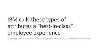 IBM calls these types of
attributes a “best-in-class”
employee experience
Employee needs + mission = ability to provide best-in-class stakeholder experience
 