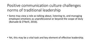 Positive communication culture challenges
norms of traditional leadership
• Some may view a role as talking about, listening to, and managing
employee emotions as unprofessional or beyond the scope of duty
(Barsade & O’Neill, 2016).
• Yet, this may be a vital task and key element of effective leadership.
 