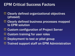 EPM Critical Success Factors Clearly defined organizational objectives (phased) Clearly defined business processes mapped to EPM solution Custom configuration of Project Server Custom training for user roles Deployment to test or pilot group Trained support staff on EPM Administration  