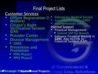 Final Project Lists
   Customer Services
    Offline Registration (i-  Emergency Medical Service
     Welfare)                  ระบบข้อมูลเวชระเบียน (OPD)
                               คลินิกชุมชนอบอุ่น (กทม)
    Citizen’s Right          Internal Support
     Verification System       Financial Management
     (EAI)                        Extend SAP for Branch
    Provider Center           Enhance Financial Module in
    Disease Management          GBSC App by Link to
                                 Financial Support (SAP).
      DMIS
    Prevention and
     Promotion
      PPIS Phase1
      PPIS Phase2


nd Strategic Projects
               Recommend Projects           27
 