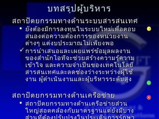 บทสรุป ผู้บ ริห าร
สถาปัต ยกรรมทางด้า นระบบสารสนเทศ
   ยัง ต้อ งมีก ารลงทุน ในระบบใหม่เ พือ ตอบ
                                         ่        Y

    สนองต่อ ความต้อ งการของหน่ว ยงาน
    ต่า งๆ แต่ง บประมาณไม่เ พีย งพอ
   การนำา เสนอและเผยแพร่ข ้อ มูล ผลงาน
    ของสำา นัก ไอทีจ ะช่ว ยสร้า งความรู้ค วาม
    เข้า ใจ และความจำา เป็น ของเทคโนโลยี
    สารสนเทศและลดช่อ งว่า งระหว่า งผู้ใ ช้
    งาน ผู้ด ำา เนิน งานและผู้บ ริห ารระดับ สูง   G



สถาปัต ยกรรมทางด้า นเครือ ข่า ย                   R

   สถาปัต ยกรรมทางด้า นเครือ ข่า ยส่ว น
    ใหญ่ส อดคล้อ งกับ มาตรฐานแต่ย ง มีบ าง
                                   ั9
 
