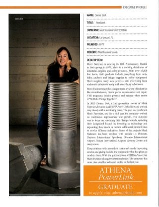 Donna Best, President of Merit Fasteners, A Certified WBE is featured in an Executive Profile as an Athena Powerlink Graduate