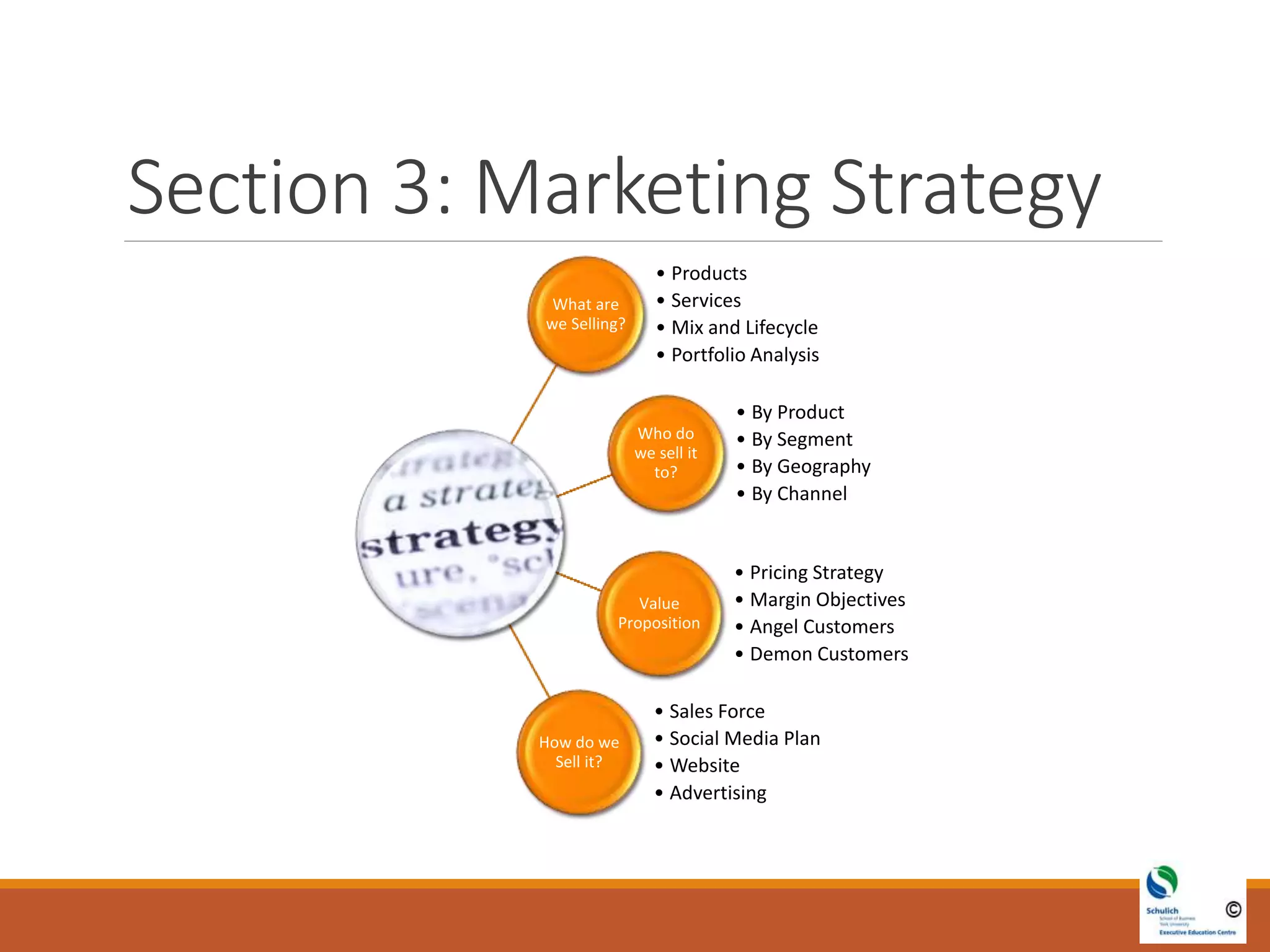 Section 3: Marketing Strategy
What are
we Selling?
• Products
• Services
• Mix and Lifecycle
• Portfolio Analysis
Who do
we sell it
to?
• By Product
• By Segment
• By Geography
• By Channel
Value
Proposition
• Pricing Strategy
• Margin Objectives
• Angel Customers
• Demon Customers
How do we
Sell it?
• Sales Force
• Social Media Plan
• Website
• Advertising
 