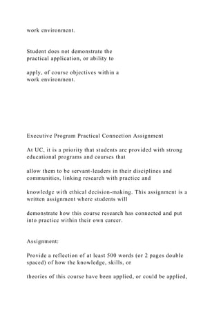 work environment.
Student does not demonstrate the
practical application, or ability to
apply, of course objectives within a
work environment.
Executive Program Practical Connection Assignment
At UC, it is a priority that students are provided with strong
educational programs and courses that
allow them to be servant-leaders in their disciplines and
communities, linking research with practice and
knowledge with ethical decision-making. This assignment is a
written assignment where students will
demonstrate how this course research has connected and put
into practice within their own career.
Assignment:
Provide a reflection of at least 500 words (or 2 pages double
spaced) of how the knowledge, skills, or
theories of this course have been applied, or could be applied,
 