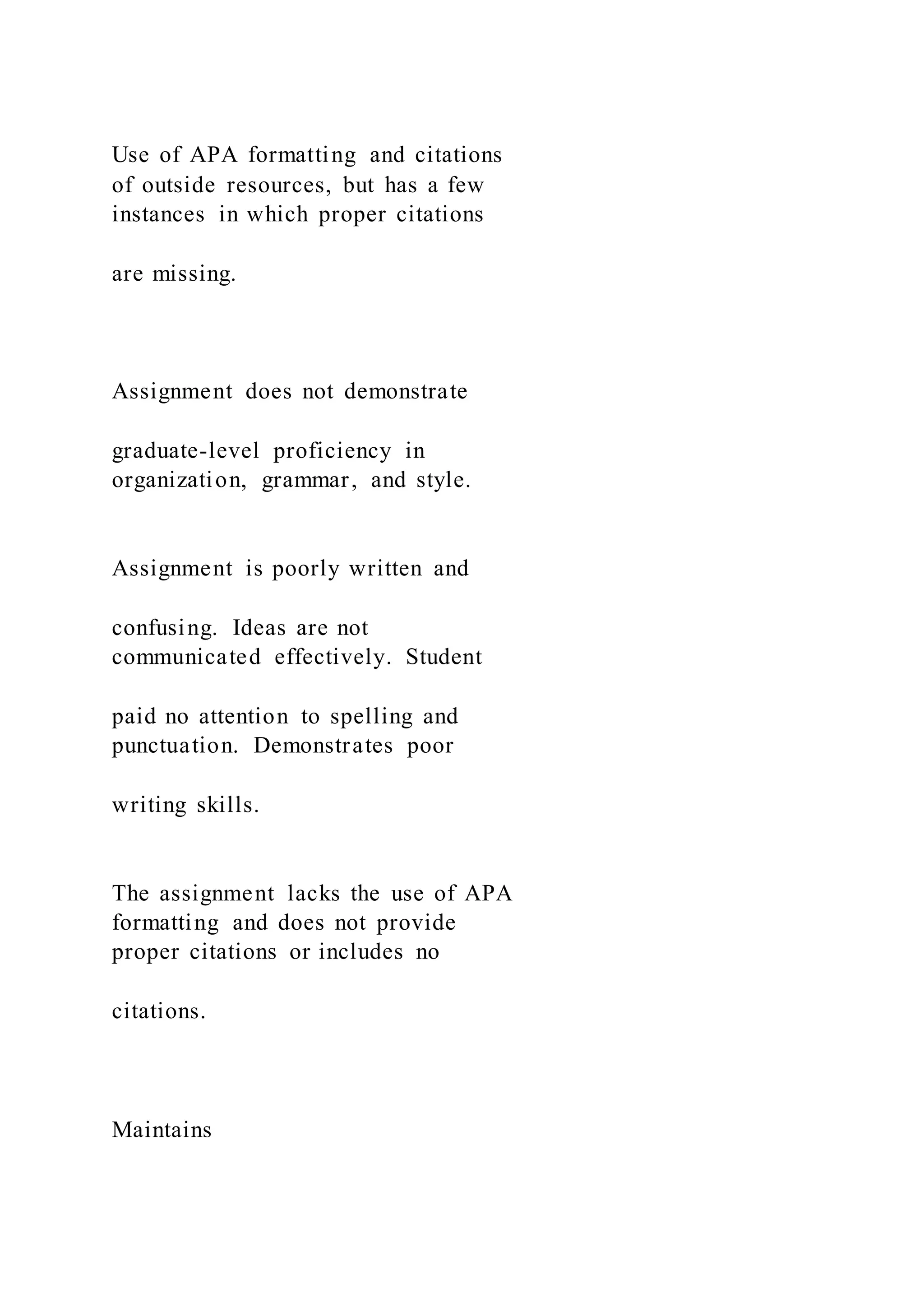 Use of APA formatting and citations
of outside resources, but has a few
instances in which proper citations
are missing.
Assignment does not demonstrate
graduate-level proficiency in
organization, grammar, and style.
Assignment is poorly written and
confusing. Ideas are not
communicated effectively. Student
paid no attention to spelling and
punctuation. Demonstrates poor
writing skills.
The assignment lacks the use of APA
formatting and does not provide
proper citations or includes no
citations.
Maintains
 