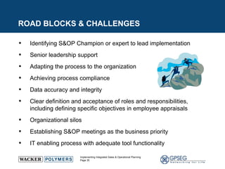 ROAD BLOCKS & CHALLENGES Identifying S&OP Champion or expert to lead implementation Senior leadership support Adapting the process to the organization Achieving process compliance Data accuracy and integrity Clear definition and acceptance of roles and responsibilities, including defining specific objectives in employee appraisals Organizational silos Establishing S&OP meetings as the business priority IT enabling process with adequate tool functionality 