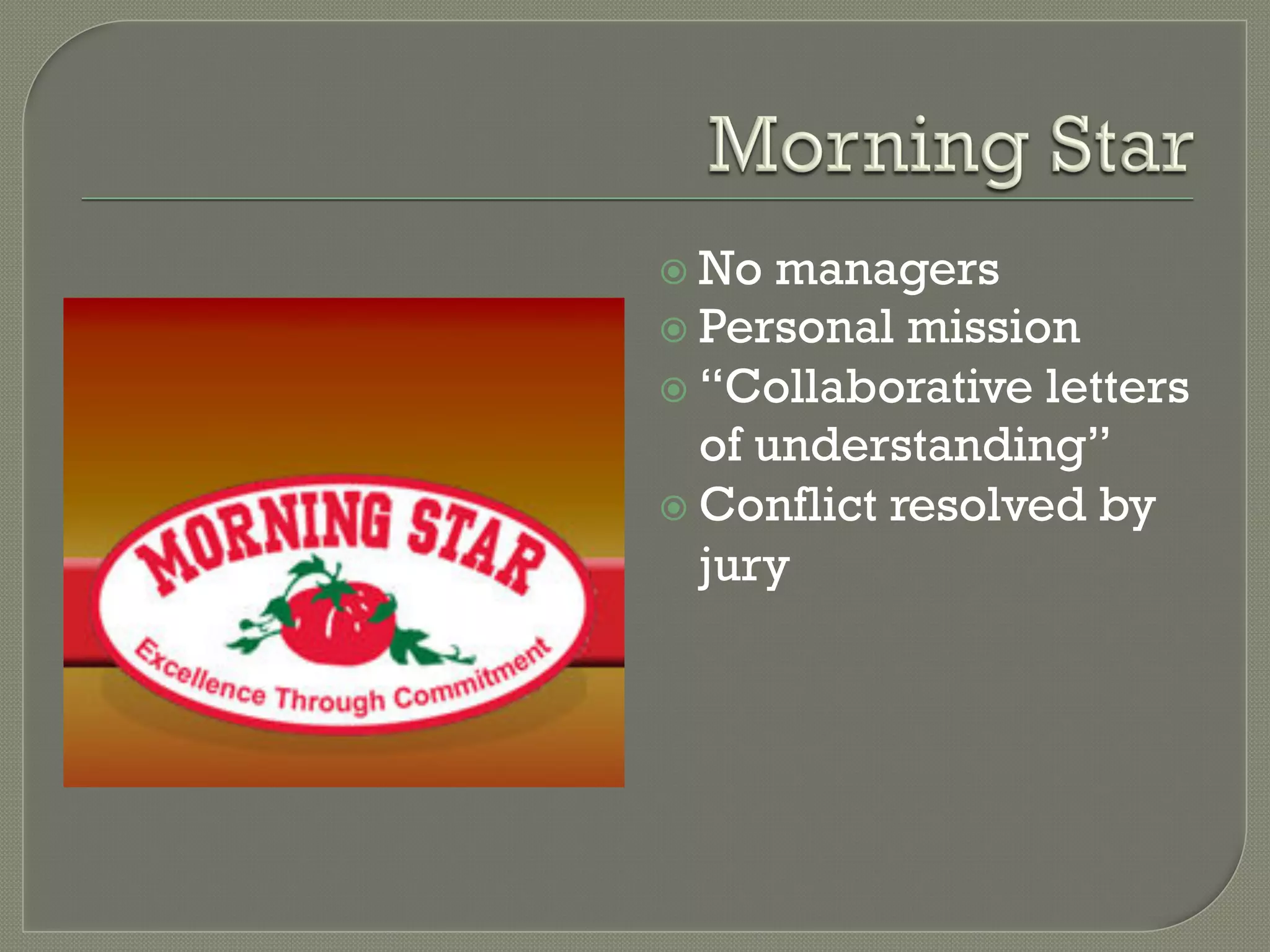 ž  No  managers
ž  Personal mission
ž  “Collaborative letters
    of understanding”
ž  Conflict resolved by
    jury
 