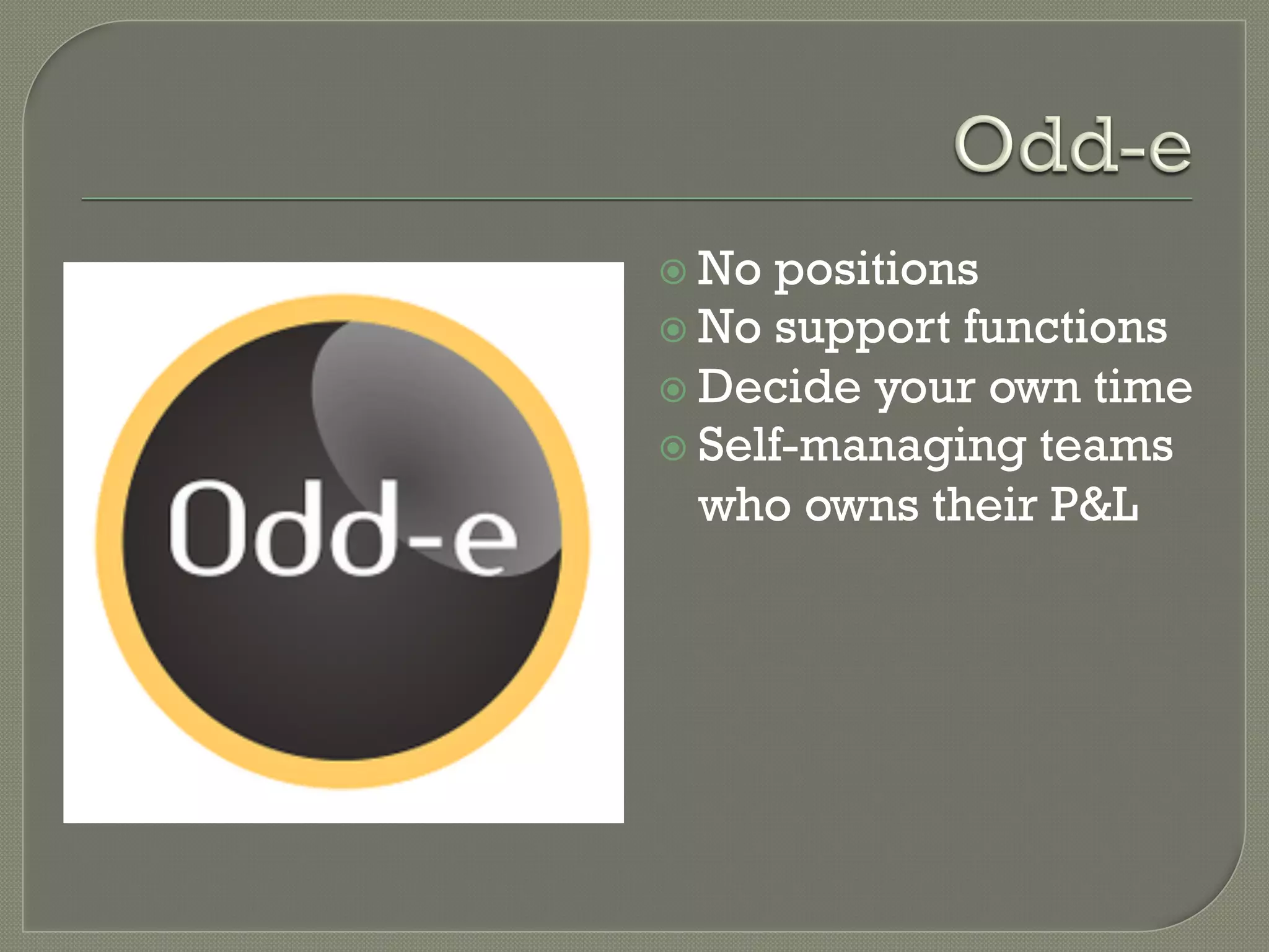 ž  No  positions
ž  No support functions
ž  Decide your own time
ž  Self-managing teams
    who owns their P&L
 