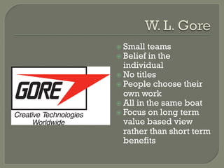 ž  Small  teams
ž  Belief in the
    individual
ž  No titles
ž  People choose their
    own work
ž  All in the same boat
ž  Focus on long term
    value based view
    rather than short term
    benefits
 