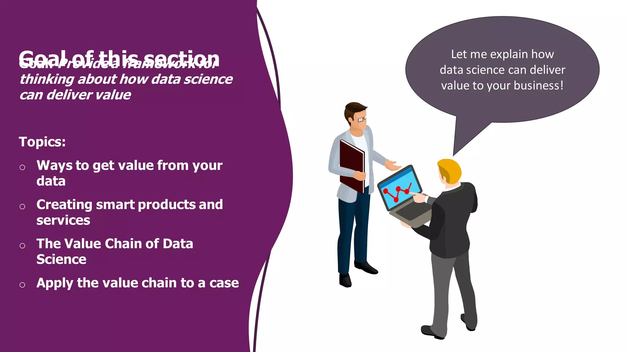 Goal of this section
Goal: Provide a framework for
thinking about how data science
can deliver value
Topics:
o Ways to get value from your
data
o Creating smart products and
services
o The Value Chain of Data
Science
o Apply the value chain to a case
Let me explain how
data science can deliver
value to your business!
 