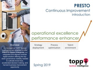 Overview
We the team at TOPP Tactical
Intelligence are delighted to offer
PRESTO Digital Enterprise, our
integrated and aligned modular
digital solution offering the top-
down governance visibility needed
to cultivate know-how,
accelerated decision making, and
harvest business improvement
opportunity
PRESTO
Continuous Improvement
introduction
operational excellence
performance enhancer
Strategy
deployment
Process
optimisation
Talent
enrichment
Spring 2019
 