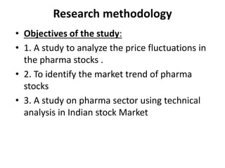Research methodology
• Objectives of the study:
• 1. A study to analyze the price fluctuations in
the pharma stocks .
• 2. To identify the market trend of pharma
stocks
• 3. A study on pharma sector using technical
analysis in Indian stock Market
 