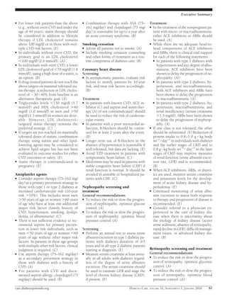 Executive Summary

●   For lower risk patients than the above       ●   Combination therapy with ASA (75–           Treatment
    (e.g., without overt CVD and under the           162 mg/day) and clopidogrel (75 mg/         ● In the treatment of the nonpregnant pa-
    age of 40 years), statin therapy should          day) is reasonable for up to a year after     tient with micro- or macroalbuminuria,
    be considered in addition to lifestyle           an acute coronary syndrome. (B)               either ACE inhibitors or ARBs should
    therapy if LDL cholesterol remains                                                             be used. (A)
    above 100 mg/dl or in those with mul-        Smoking cessation                               ● While there are no adequate head-to-
    tiple CVD risk factors. (E)                  ● Advise all patients not to smoke. (A)           head comparisons of ACE inhibitors
●   In individuals without overt CVD, the        ● Include smoking cessation counseling            and ARBs, there is clinical trial support
    primary goal is an LDL cholesterol             and other forms of treatment as a rou-          for each of the following statements:
       100 mg/dl (2.6 mmol/l). (A)                 tine component of diabetes care. (B)            ● In patients with type 1 diabetes with
●   In individuals with overt CVD, a lower                                                            hypertension and any degree of albu-
    LDL cholesterol goal of 70 mg/dl (1.8        Coronary heart disease                               minuria, ACE inhibitors have been
    mmol/l), using a high dose of a statin, is   Screening                                            shown to delay the progression of ne-
    an option. (B)                               ● In asymptomatic patients, evaluate risk            phropathy. (A)
●   If drug-treated patients do not reach the      factors to stratify patients by 10-year         ● In patients with type 2 diabetes, hy-
    above targets on maximal tolerated sta-        risk, and treat risk factors accordingly.          pertension, and microalbuminuria,
    tin therapy, a reduction in LDL choles-        (B)                                                both ACE inhibitors and ARBs have
    terol of 30 – 40% from baseline is an                                                             been shown to delay the progression
    alternative therapeutic goal. (A)            Treatment                                            to macroalbuminuria. (A)
●   Triglycerides levels 150 mg/dl (1.7          ● In patients with known CVD, ACE in-             ● In patients with type 2 diabetes, hy-
    mmol/l) and HDL cholesterol 40                 hibitor (C) and aspirin and statin ther-           pertension, macroalbuminuria, and
    mg/dl (1.0 mmol/l) in men and 50               apy (A) (if not contraindicated) should            renal insufﬁciency (serum creatinine
    mg/dl (1.3 mmol/l) in women are desir-         be used to reduce the risk of cardiovas-             1.5 mg/dl), ARBs have been shown
    able. However, LDL cholesterol–                cular events.                                      to delay the progression of nephrop-
    targeted statin therapy remains the          ● In patients with a prior myocardial in-            athy. (A)
    preferred strategy. (C)                        farction, B-blockers should be contin-        ● If one class is not tolerated, the other
●   If targets are not reached on maximally        ued for at least 2 years after the event.       should be substituted. (E) Reduction of
    tolerated doses of statins, combination        (B)                                             protein intake to 0.8 –1.0 g kg body
    therapy using statins and other lipid-       ● Longer term use of B-blockers in the            wt–1 day–1 in individuals with diabetes
    lowering agents may be considered to           absence of hypertension is reasonable if        and the earlier stages of CKD and to
    achieve lipid targets but has not been         well tolerated, but data are lacking. (E)       0.8 g kg body wt–1 day–1 in the later
    evaluated in outcome studies for either      ● Avoid TZD treatment in patients with            stages of CKD may improve measures
    CVD outcomes or safety. (E)                    symptomatic heart failure. (C)                  of renal function (urine albumin excre-
●   Statin therapy is contraindicated in         ● Metformin may be used in patients with          tion rate, GFR) and is recommended.
    pregnancy. (E)                                 stable congestive heart failure (CHF) if        (B)
                                                   renal function is normal. It should be        ● When ACE inhibitors, ARBs, or diuret-
Antiplatelet agents                                avoided in unstable or hospitalized pa-         ics are used, monitor serum creatinine
● Consider aspirin therapy (75–162 mg/             tients with CHF. (C)                            and potassium levels for the develop-
  day) as a primary prevention strategy in                                                         ment of acute kidney disease and hy-
  those with type 1 or type 2 diabetes at        Nephropathy screening and                         perkalemia. (E)
  increased cardiovascular risk (10-year         treatment                                       ● Continued monitoring of urine albu-
  risk 10%). This includes most men              General recommendations                           min excretion to assess both response
     50 years of age or women 60 years           ● To reduce the risk or slow the progres-         to therapy and progression of disease is
  of age who have at least one additional          sion of nephropathy, optimize glucose           recommended. (E)
  major risk factor (family history of             control. (A)                                  ● Consider referral to a physician ex-
  CVD, hypertension, smoking, dyslipi-           ● To reduce the risk or slow the progres-         perienced in the care of kidney dis-
  demia, or albuminuria). (C)                      sion of nephropathy, optimize blood             ease when there is uncertainty about
● There is not sufﬁcient evidence to rec-          pressure control. (A)                           the etiology of kidney disease (active
  ommend aspirin for primary preven-                                                               urine sediment, absence of retinopathy,
  tion in lower risk individuals, such as        Screening                                         rapid decline in GFR), difﬁcult manage-
  men 50 years of age or women 60                ● Perform an annual test to assess urine          ment issues, or advanced kidney dis-
  years of age without other major risk            albumin excretion in type 1 diabetic pa-        ease. (B)
  factors. In patients in these age-groups         tients with diabetes duration of 5
  with multiple other risk factors, clinical       years and in all type 2 diabetic patients
  judgment is required. (C)                        starting at diagnosis. (E)                    Retinopathy screening and treatment
● Use aspirin therapy (75–162 mg/day)            ● Measure serum creatinine at least annu-       General recommendations
  as a secondary prevention strategy in            ally in all adults with diabetes regard-      ● To reduce the risk or slow the progres-

  those with diabetes with a history of            less of the degree of urine albumin             sion of retinopathy, optimize glycemic
  CVD. (A)                                         excretion. The serum creatinine should          control. (A)
● For patients with CVD and docu-                  be used to estimate GFR and stage the         ● To reduce the risk or slow the progres-
  mented aspirin allergy, clopidogrel (75          level of chronic kidney disease (CKD),          sion of retinopathy, optimize blood
  mg/day) should be used. (B)                      if present. (E)                                 pressure control. (A)

care.diabetesjournals.org                                                          DIABETES CARE, VOLUME 33, SUPPLEMENT 1, JANUARY 2010   S7
 