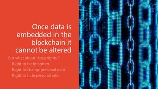 Once data is
embedded in the
blockchain it
cannot be altered
•
•
•
 