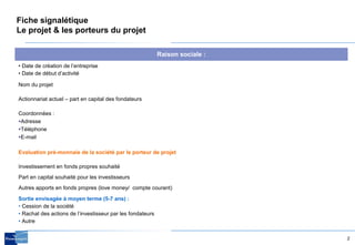 2
Fiche signalétique
Le projet & les porteurs du projet
Raison sociale :
• Date de création de l’entreprise
• Date de début d’activité
Nom du projet
Actionnariat actuel – part en capital des fondateurs
Coordonnées :
•Adresse
•Téléphone
•E-mail
Evaluation pré-monnaie de la société par le porteur de projet
Investissement en fonds propres souhaité
Part en capital souhaité pour les investisseurs
Autres apports en fonds propres (love money/ compte courant)
Sortie envisagée à moyen terme (5-7 ans) :
• Cession de la société
• Rachat des actions de l’investisseur par les fondateurs
• Autre
 