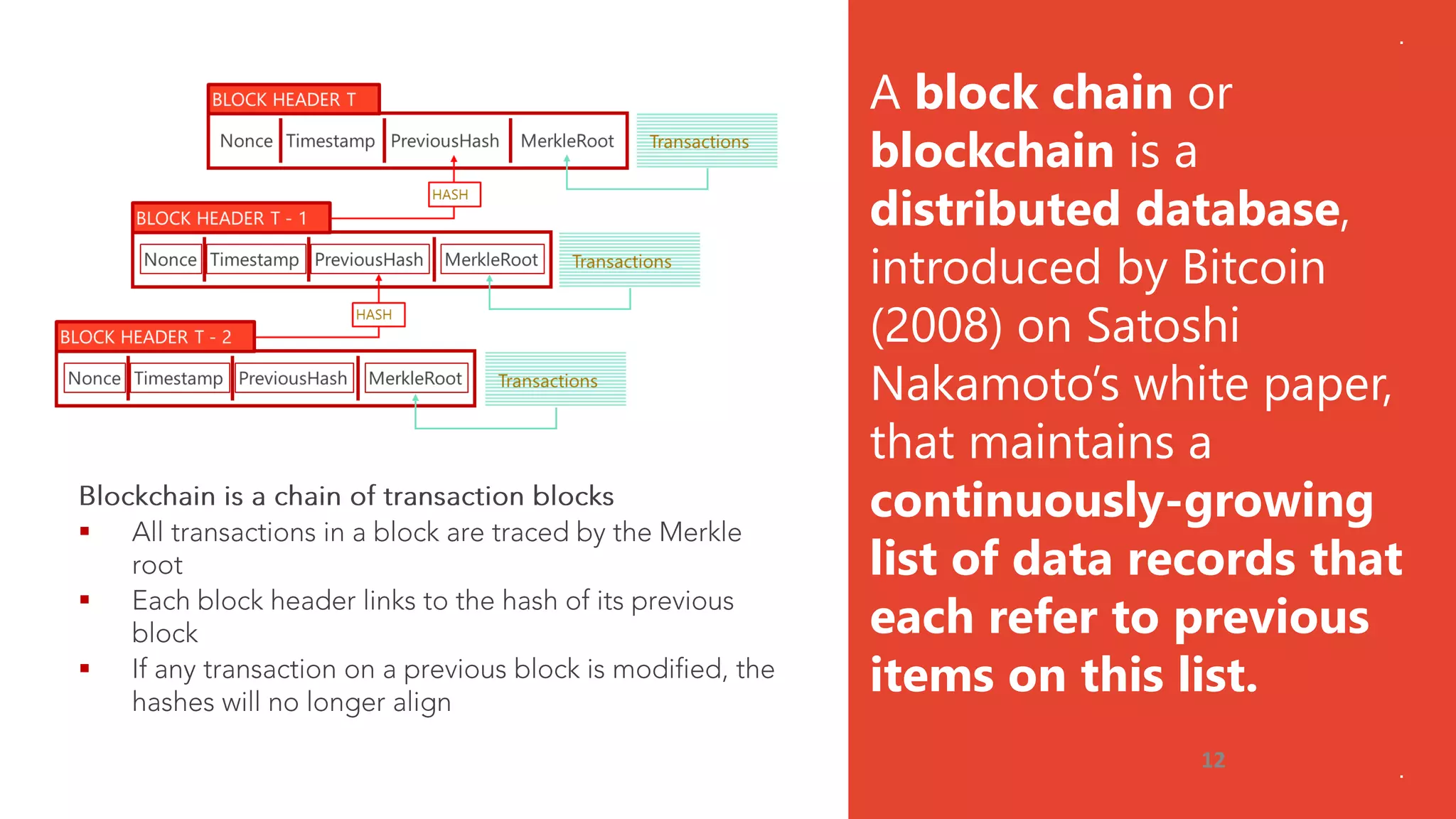 ▪
▪
▪
A block chain or
blockchain is a
distributed database,
introduced by Bitcoin
(2008) on Satoshi
Nakamoto’s white paper,
that maintains a
continuously-growing
list of data records that
each refer to previous
items on this list.
12
 