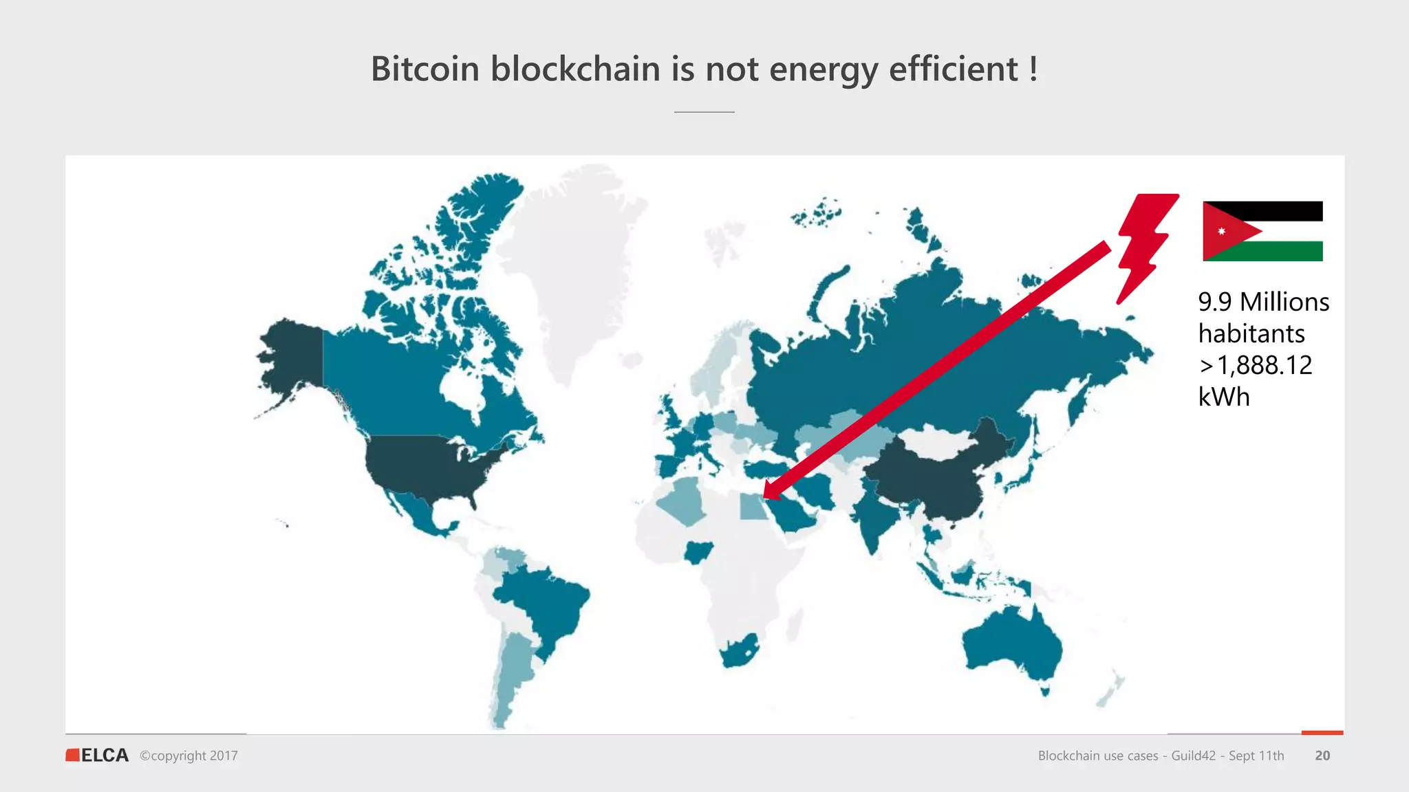 ©copyright 2017
Bitcoin blockchain is not energy efficient !
Blockchain use cases - Guild42 - Sept 11th 20
9.9 Millions
habitants
>1,888.12
kWh
 