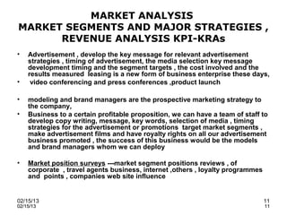 MARKET ANALYSIS
MARKET SEGMENTS AND MAJOR STRATEGIES ,
      REVENUE ANALYSIS KPI-KRAs
•   Advertisement , develop the key message for relevant advertisement
    strategies , timing of advertisement, the media selection key message
    development timing and the segment targets , the cost involved and the
    results measured leasing is a new form of business enterprise these days,
•    video conferencing and press conferences ,product launch

•   modeling and brand managers are the prospective marketing strategy to
    the company,
•   Business to a certain profitable proposition, we can have a team of staff to
    develop copy writing, message, key words, selection of media , timing
    strategies for the advertisement or promotions target market segments ,
    make advertisement films and have royalty rights on all our advertisement
    business promoted , the success of this business would be the models
    and brand managers whom we can deploy

•   Market position surveys ---market segment positions reviews , of
    corporate , travel agents business, internet ,others , loyalty programmes
    and points , companies web site influence


02/15/13                                                                        11
02/15/13                                                                        11
 