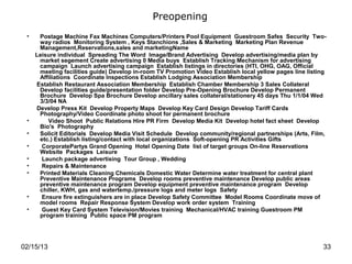 Preopening
 •    Postage Machine Fax Machines Computers/Printers Pool Equipment Guestroom Safes Security Two-
      way radios Monitoring System , Keys Stanchions ,Sales & Marketing Marketing Plan Revenue
      Management,Reservations,sales and marketingName
     Leisure individual Spreading The Word Image/Brand Advertising Develop advertising/media plan by
      market segement Create advertising 0 Media buys Establish Tracking Mechanism for advertising
      campaign Launch advertising campaign Establish listings in directories (HTI, OHG, OAG, Official
      meeting facilities guide) Develop in-room TV Promotion Video Establish local yellow pages line listing
      Affiliations Coordinate Inspections Establish Lodging Association Membership
     Establish Restaurant Association Membership Establish Chamber Membership 3 Sales Collateral
      Develop facilities guide/presentation folder Develop Pre-Opening Brochure Develop Permanent
      Brochure Develop Spa Brochure Develop ancillary sales collateral/stationery 45 days Thu 1/1/04 Wed
      3/3/04 NA
     Develop Press Kit Develop Property Maps Develop Key Card Design Develop Tariff Cards
      Photography/Video Coordinate photo shoot for permanent brochure
 •       Video Shoot Public Relations Hire PR Firm Develop Media Kit Develop hotel fact sheet Develop
      Bio's Photography
 •    Solicit Editorials Develop Media Visit Schedule Develop community/regional partnerships (Arts, Film,
      etc.) Establish listing/contact with local organizations Soft-opening PR Activities Gifts
 •     CorporatePartys Grand Opening Hotel Opening Date list of target groups On-line Reservations
      Website Packages Leisure
 •     Launch package advertising Tour Group , Wedding
 •     Repairs & Maintenance
 •    Printed Materials Cleaning Chemicals Domestic Water Determine water treatment for central plant
      Preventive Maintenance Programs Develop rooms preventive maintenance Develop public areas
      preventive maintenance program Develop equipment preventive maintenance program Develop
      chiller, KWH, gas and watertemp./pressure logs and meter logs Safety
 •     Ensure fire extinguishers are in place Develop Safety Committee Model Rooms Coordinate move of
      model rooms Repair Response System Develop work order system Training
 •     Guest Key Card System Television/Movies training Mechanical/HVAC training Guestroom PM
      program training Public space PM program




02/15/13                                                                                                  33
 