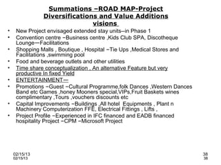 Summations –ROAD MAP-Project
               Diversifications and Value Additions
                              visions
•    New Project envisaged extended stay units--in Phase 1
•    Convention centre –Business centre ,Kids Club SPA, Discotheque
     Lounge—Facilitations
•    Shopping Malls , Boutique , Hospital –Tie Ups ,Medical Stores and
     Facilitations ,swimming pool
•    Food and beverage outlets and other utilities
•    Time share conceptualization , An alternative Feature but very
     productive In fixed Yield
•    ENTERTAINMENT—
•    Promotions –Guest –Cultural Programme,folk Dances ,Western Dances
     Band etc Games ,honey Mooners special,VIPs,Fruit Baskets wines
     complimentary ,Tours ,vouchers discounts etc
•    Capital Improvements –Buildings ,All hotel Equipments , Plant n
     Machinery Computerization FFE, Electrical Fittings , Lifts ,
•    Project Profile –Experienced in IFC financed and EADB financed
     hospitality Project –CPM –Microsoft Project




    02/15/13                                                             38
    02/15/13                                                             38
 