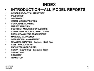 INDEX
•          INTRODUCTION—ALL MODEL REPORTS
•          OWNERSHIP-CAPITAL STRUCTURE
•          OBJECTIVES
•          INVESTMENT
•          VISION MISSION/POSITION
•          CORPORATE PLANNING
•          MARKET ANALYSIS
•          CUSTOMER ANALYSIS CONCLUSIONS
•          COMPETITOR ANALYSIS CONCLUSIONS
•          PRODUCT ANALYSIS CONCLUSIONS
•          MATERIAL MANAGEMENT
•          OPERATIONAL MANAGEMENT
•          FINANCIAL ANALYSIS –Budgets –Cash flow
•          ASSET MANAGEMENT-
•          ENGINEERING /PROJECTS
•          HUMAN RESOURCES –Executive Team
•          SUMMATIONS
•          ROAD MAP
•          THANK YOU



    02/15/13                                        4
    02/15/13                                        4
 