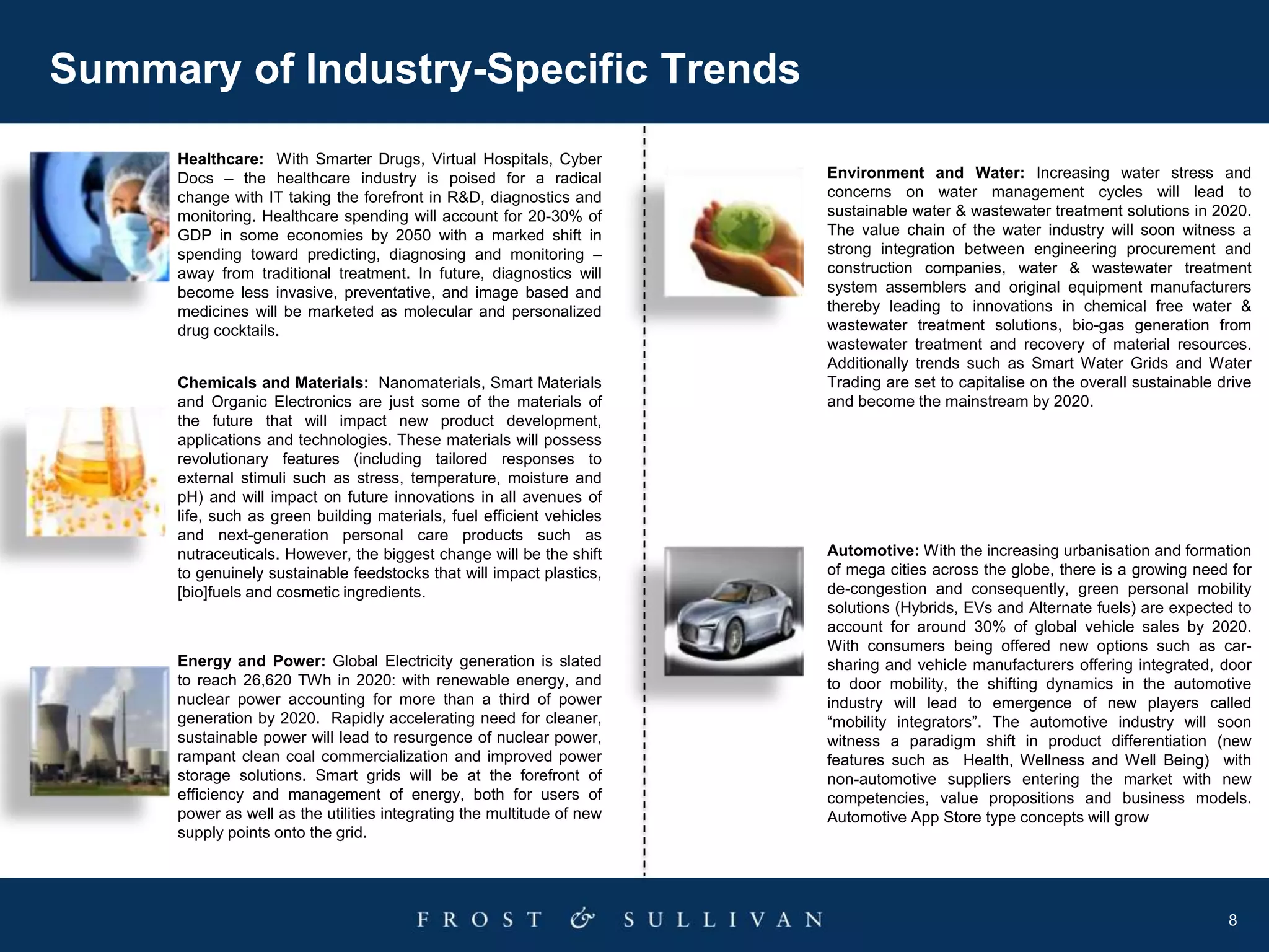 8
Summary of Industry-Specific Trends
Healthcare: With Smarter Drugs, Virtual Hospitals, Cyber
Docs – the healthcare industry is poised for a radical
change with IT taking the forefront in R&D, diagnostics and
monitoring. Healthcare spending will account for 20-30% of
GDP in some economies by 2050 with a marked shift in
spending toward predicting, diagnosing and monitoring –
away from traditional treatment. In future, diagnostics will
become less invasive, preventative, and image based and
medicines will be marketed as molecular and personalized
drug cocktails.
Chemicals and Materials: Nanomaterials, Smart Materials
and Organic Electronics are just some of the materials of
the future that will impact new product development,
applications and technologies. These materials will possess
revolutionary features (including tailored responses to
external stimuli such as stress, temperature, moisture and
pH) and will impact on future innovations in all avenues of
life, such as green building materials, fuel efficient vehicles
and next-generation personal care products such as
nutraceuticals. However, the biggest change will be the shift
to genuinely sustainable feedstocks that will impact plastics,
[bio]fuels and cosmetic ingredients.
Energy and Power: Global Electricity generation is slated
to reach 26,620 TWh in 2020: with renewable energy, and
nuclear power accounting for more than a third of power
generation by 2020. Rapidly accelerating need for cleaner,
sustainable power will lead to resurgence of nuclear power,
rampant clean coal commercialization and improved power
storage solutions. Smart grids will be at the forefront of
efficiency and management of energy, both for users of
power as well as the utilities integrating the multitude of new
supply points onto the grid.
Environment and Water: Increasing water stress and
concerns on water management cycles will lead to
sustainable water & wastewater treatment solutions in 2020.
The value chain of the water industry will soon witness a
strong integration between engineering procurement and
construction companies, water & wastewater treatment
system assemblers and original equipment manufacturers
thereby leading to innovations in chemical free water &
wastewater treatment solutions, bio-gas generation from
wastewater treatment and recovery of material resources.
Additionally trends such as Smart Water Grids and Water
Trading are set to capitalise on the overall sustainable drive
and become the mainstream by 2020.
Automotive: With the increasing urbanisation and formation
of mega cities across the globe, there is a growing need for
de-congestion and consequently, green personal mobility
solutions (Hybrids, EVs and Alternate fuels) are expected to
account for around 30% of global vehicle sales by 2020.
With consumers being offered new options such as car-
sharing and vehicle manufacturers offering integrated, door
to door mobility, the shifting dynamics in the automotive
industry will lead to emergence of new players called
“mobility integrators”. The automotive industry will soon
witness a paradigm shift in product differentiation (new
features such as Health, Wellness and Well Being) with
non-automotive suppliers entering the market with new
competencies, value propositions and business models.
Automotive App Store type concepts will grow
 