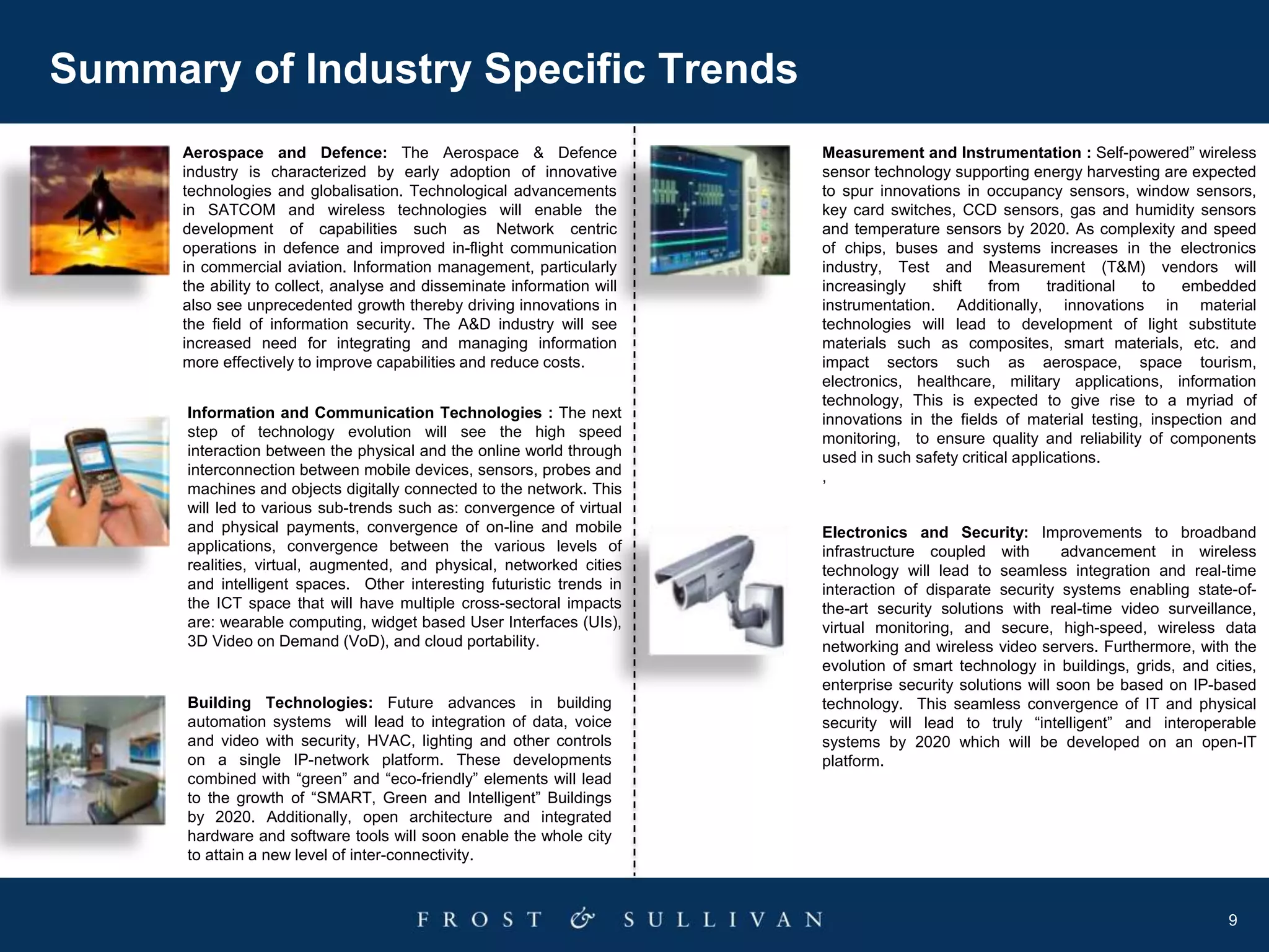 9
Aerospace and Defence: The Aerospace & Defence
industry is characterized by early adoption of innovative
technologies and globalisation. Technological advancements
in SATCOM and wireless technologies will enable the
development of capabilities such as Network centric
operations in defence and improved in-flight communication
in commercial aviation. Information management, particularly
the ability to collect, analyse and disseminate information will
also see unprecedented growth thereby driving innovations in
the field of information security. The A&D industry will see
increased need for integrating and managing information
more effectively to improve capabilities and reduce costs.
Information and Communication Technologies : The next
step of technology evolution will see the high speed
interaction between the physical and the online world through
interconnection between mobile devices, sensors, probes and
machines and objects digitally connected to the network. This
will led to various sub-trends such as: convergence of virtual
and physical payments, convergence of on-line and mobile
applications, convergence between the various levels of
realities, virtual, augmented, and physical, networked cities
and intelligent spaces. Other interesting futuristic trends in
the ICT space that will have multiple cross-sectoral impacts
are: wearable computing, widget based User Interfaces (UIs),
3D Video on Demand (VoD), and cloud portability.
Summary of Industry Specific Trends
Electronics and Security: Improvements to broadband
infrastructure coupled with advancement in wireless
technology will lead to seamless integration and real-time
interaction of disparate security systems enabling state-of-
the-art security solutions with real-time video surveillance,
virtual monitoring, and secure, high-speed, wireless data
networking and wireless video servers. Furthermore, with the
evolution of smart technology in buildings, grids, and cities,
enterprise security solutions will soon be based on IP-based
technology. This seamless convergence of IT and physical
security will lead to truly “intelligent” and interoperable
systems by 2020 which will be developed on an open-IT
platform.
Measurement and Instrumentation : Self-powered” wireless
sensor technology supporting energy harvesting are expected
to spur innovations in occupancy sensors, window sensors,
key card switches, CCD sensors, gas and humidity sensors
and temperature sensors by 2020. As complexity and speed
of chips, buses and systems increases in the electronics
industry, Test and Measurement (T&M) vendors will
increasingly shift from traditional to embedded
instrumentation. Additionally, innovations in material
technologies will lead to development of light substitute
materials such as composites, smart materials, etc. and
impact sectors such as aerospace, space tourism,
electronics, healthcare, military applications, information
technology, This is expected to give rise to a myriad of
innovations in the fields of material testing, inspection and
monitoring, to ensure quality and reliability of components
used in such safety critical applications.
,
Building Technologies: Future advances in building
automation systems will lead to integration of data, voice
and video with security, HVAC, lighting and other controls
on a single IP-network platform. These developments
combined with “green” and “eco-friendly” elements will lead
to the growth of “SMART, Green and Intelligent” Buildings
by 2020. Additionally, open architecture and integrated
hardware and software tools will soon enable the whole city
to attain a new level of inter-connectivity.
 