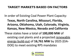 TARGET MARKETS BASED ON FACTORS
In order of Existing Coal Power Plant Capacity:
Texas, North Carolina, Missouri, Florida,
Arizona, Oklahoma, Utah, Colorado, Virginia,
Kansas, New Mexico, Nevada and California
These states have a total of 100,000 MW of
existing coal plants and a projected renewable
energy build-out of 16,761 MW by 2025 (EIA-
DOE) to meet existing RPS mandates
 